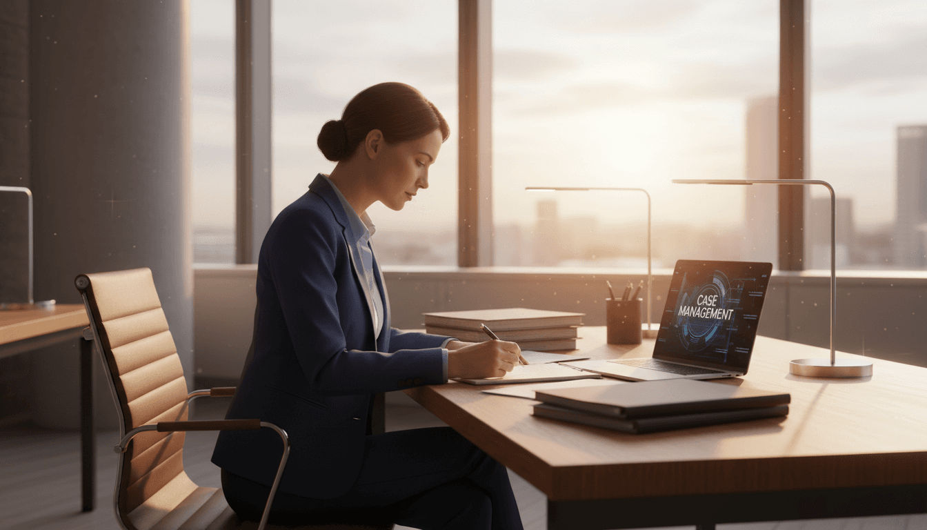 Experienced attorney reviewing case documents in a modern law office with natural window lighting
