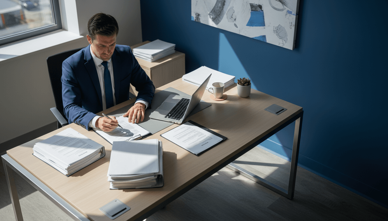 Attorney reviewing case documents at desk
