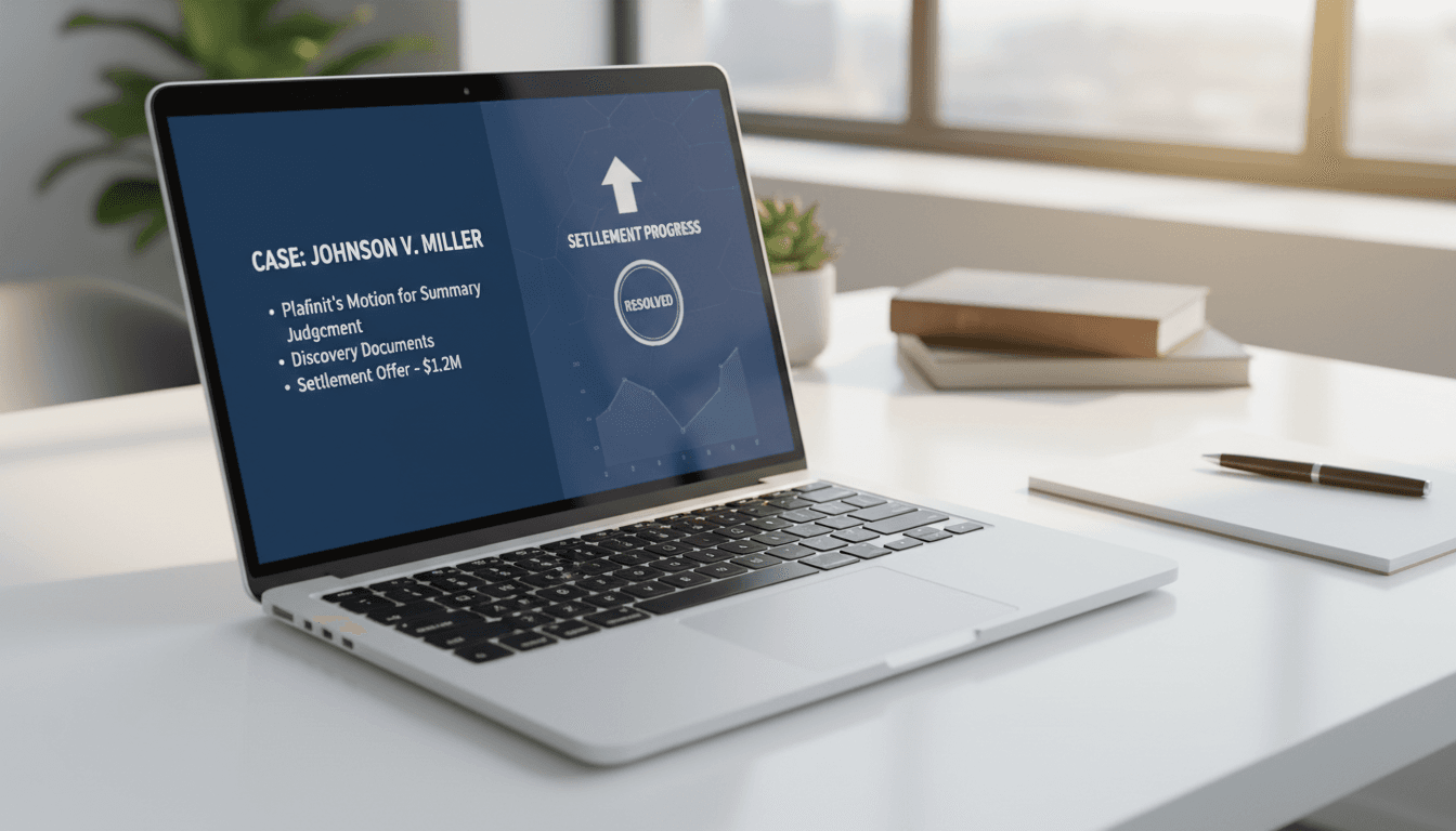 Laptop displaying legal case documents and settlement information