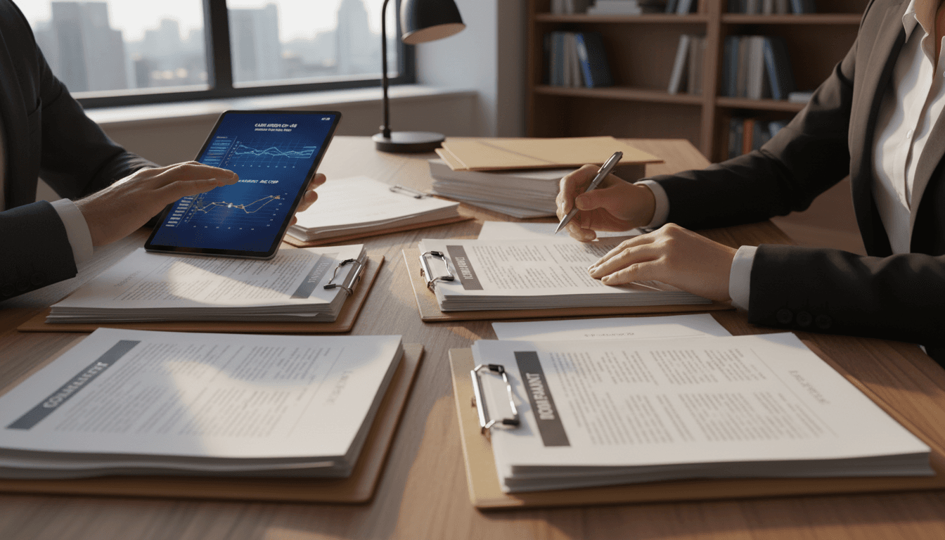 Legal documents and case files being reviewed on desk