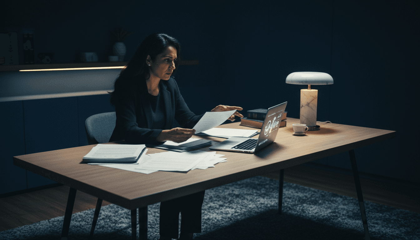 Female attorney reviewing case files at desk with laptop