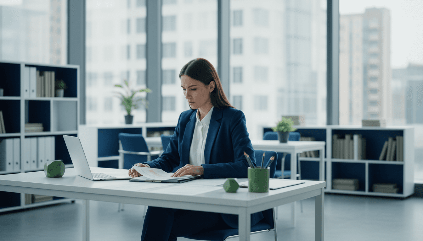 Attorney reviewing case documents in modern office with natural lighting