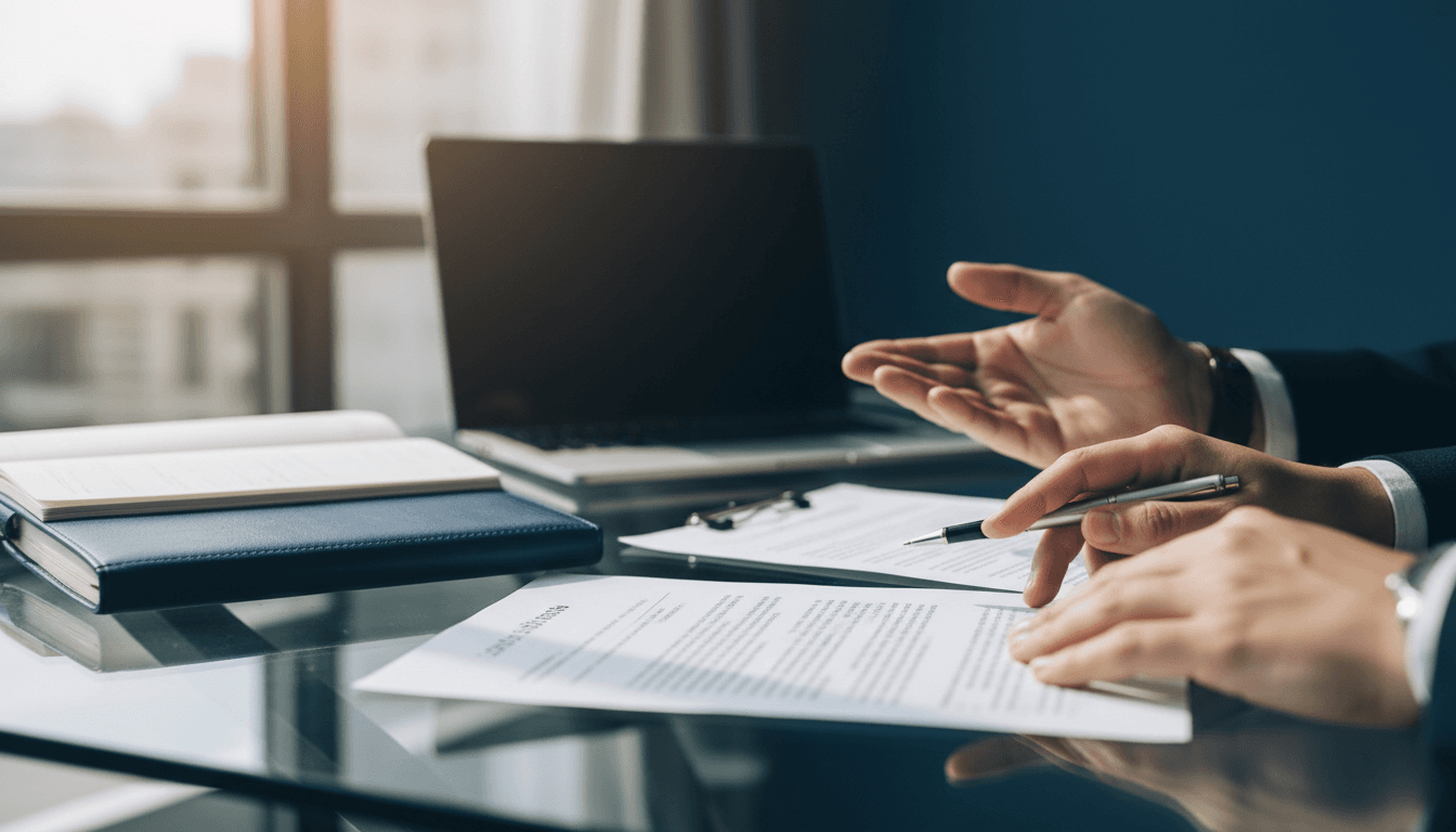 Attorney reviewing case documents at a professional desk