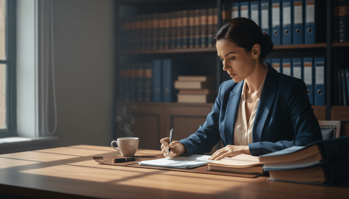 Professional reviewing legal case documents at desk with focused determination